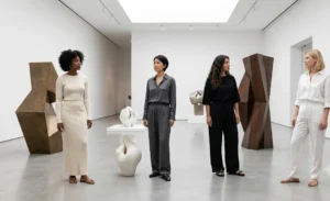"A group of women wearing monochromatic neutral co-ord sets in a modern art gallery, embodying minimalist and contemporary fashion."