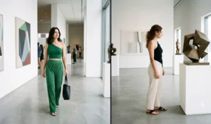 Elegant gallery-ready fashion featuring two women wearing lightweight, textured plisse wide-leg pants paired with modern asymmetrical one-shoulder crop tops in green and black.