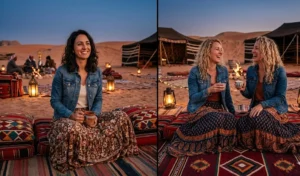 Two women wearing boho tiered maxi skirts and classic denim jackets at a traditional Bedouin desert camp.