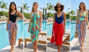 A multi-panel collage showing different creative ways to tie and style vibrant sarongs with sleek one-piece swimsuits for resort wear.