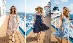 Three women wearing flowy, colorful sundresses engineered with built-in shorts, walking comfortably on the windy open deck of a luxury cruise ship.