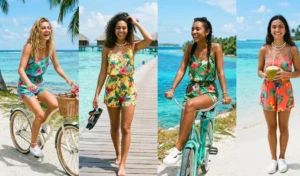 A four-panel image of women wearing playful, lightweight playsuits and rompers with bright hibiscus prints, styled with clean white sneakers and sandals on a sunny tropical island.