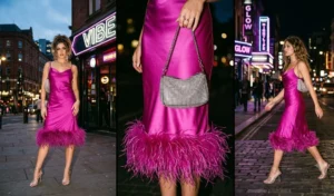 A 3-panel collage showcasing glamorous magenta silk slip dresses with marabou feather trims, paired with metallic silver heels and rhinestone shoulder bags for a Y2K aesthetic.