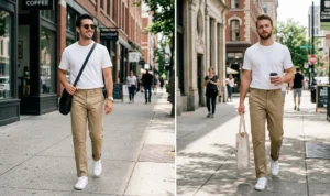 Split-screen showing men modeling minimalist casual fashion with crisp white thick crewneck t-shirts, classic straight-leg khaki pants, and white leather sneakers.
