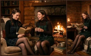 Three women inside a cozy rustic cabin wearing vintage-style plaid pinafore dresses in dark green and navy, smoothly layered over fitted ribbed turtlenecks.