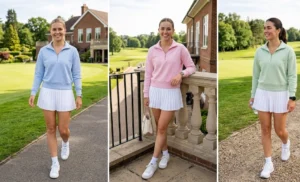 Collage of three women wearing pastel quarter-zip pullovers with white active skorts and trainers, sporting a preppy country-club aesthetic.