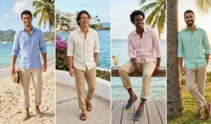 Split-image of men in casual tropical vacation wear, styling breathable white and pastel linen shirts with rolled-up lightweight khaki pants and summer shoes.
