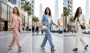 Three women dressed in chic wide-leg trousers, silk camisoles, and tailored linen blazers on a sunny Dubai street.