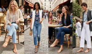 Collage of four women styling ankle-cropped jeans with delicate T-strap flat sandals for a chic weekend brunch look.