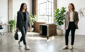 Side-by-side images of two women in a creative studio wearing oversized structured blazers, slim pegged ankle pants, and low-profile retro sneakers.