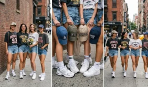 A 3-panel photo collage of a bachelorette squad walking in the city wearing custom oversized graphic tees, high-waisted vintage denim shorts, and chunky white sneakers.