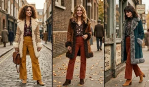 Triptych showing 1970s bohemian winter glamour with women wearing faux fur trim Afghan coats layered over dark floral blouses and warm rust-colored corduroy pants.