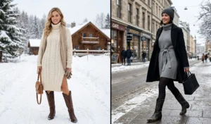 Two-panel winter fashion image featuring chunky turtleneck sweater dresses styled with tall pointed-toe cowboy boots.
