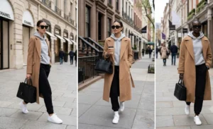 Three women showing an elevated street style look with long tailored camel wool coats layered over gray hoodies and black sweatpants, finished with minimalist white sneakers.