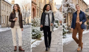 "Women wearing quilted jackets over cashmere sweaters and corduroy pants."