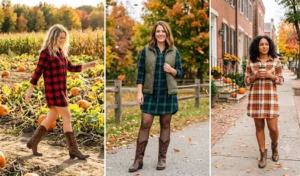 Three-panel collage showing cozy autumn plaid flannel shirt dresses paired with knee-high cowboy boots.