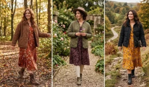 "Women wearing quilted jackets layered over floral maxi dresses with boots."
