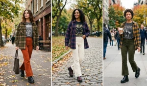 A three-panel collage of women in autumn streetwear wearing vintage graphic tees, heavy flannel shackets, and high-waisted flared corduroy pants with chunky platform boots.