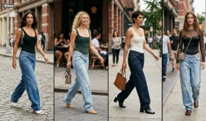Collage of four women wearing extra-long wide-leg puddle jeans pooling over sharp square-toe mules in a casual urban setting.