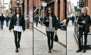 "Women wearing black cropped quilted jackets with faux leather leggings."