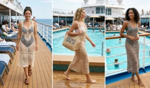 A photo collage of women wearing chic crochet knit midi dresses over swimwear as stylish poolside cover-ups on a cruise vacation.