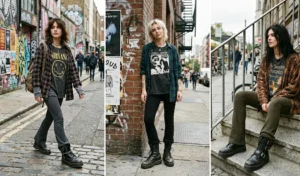 A collage of three women contrasting heavy lug-sole combat boots with soft ribbed flared leggings, distressed band t-shirts, and flannels for a grunge look.