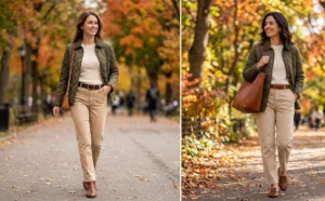 "Women wearing olive green quilted jackets with beige trousers and brown belts."