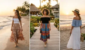 Vacation-ready bohemian style showing three women on the beach wearing flowy, floral tiered maxi skirts paired with romantic smocked off-the-shoulder crop tops.