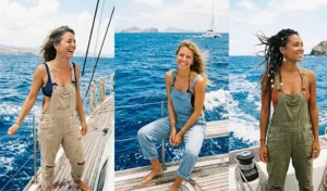 "Three women on a catamaran boat wearing distressed linen overalls over bikini tops for an adventurous island style."