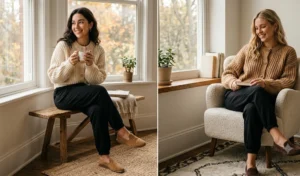 Two women indoors near natural light wearing oversized chunky knit cardigans fully buttoned and tucked into black sweatpants, styled with delicate gold hoops and suede loafers.