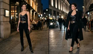 Split-screen showing elegant evening outfits with women wearing delicate satin camisoles, metallic statement belts, and high-rise black corduroy pants styled under tailored wool coats.