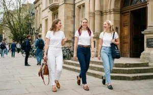 Polished old money aesthetic featuring a classic white t-shirt and dark jeans accessorized with a patterned silk hair scarf and leather penny loafers.