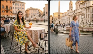 A two-panel photo collage of women enjoying a sunny afternoon at Piazza Navona wearing vibrant Mediterranean-print wrap dresses, including a lemon-print design and a blue majolica tile pattern.