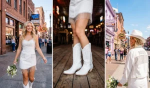 A 3-panel photo collage illustrating the bridal rhinestone cowgirl theme with a white denim fringe dress, pristine white western boots, and a custom embellished denim jacket.