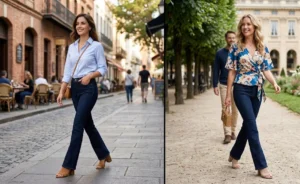 Split-screen of two women wearing dark unwashed indigo bootcut jeans and suede block heels for a sophisticated outdoor day date look.
