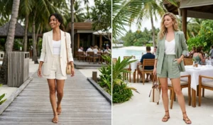 A split image featuring two women modeling smart-casual tropical outfits, wearing tailored, breathable linen blazers and matching shorts in neutral cream and soft sage green tones.