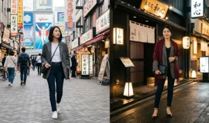 Day-to-night travel outfit transition in Osaka, featuring a versatile oversized smart-casual blazer styled for daytime sightseeing and an upscale sushi dinner.