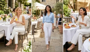 Three women in a split-screen photo wearing tailored crisp white denim trousers paired with metallic gold and silver strappy sandals.