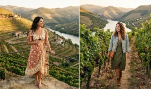 Two women showcasing European vineyard fashion, wearing elegant terracotta and olive wrap dresses layered with light denim jackets in the Douro Valley.