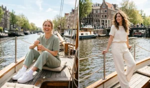 Canal boat tour outfits featuring neutral matching linen-blend sets and white platform sneakers.