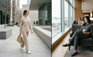 Chic and comfortable monochrome knit co-ord sets featuring matching stylish sweaters and trousers for winter travel.