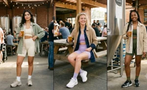 "Women in ribbed matching athleisure sets layered with oversized shackets."