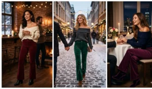 Three-panel collage of women dressed for a romantic winter date night in cozy off-the-shoulder knit sweaters, jewel-toned flared corduroy pants, and sleek heeled booties.