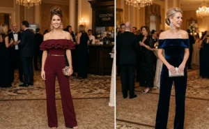 Two women wearing romantic off-the-shoulder jumpsuits accessorized with bold chandelier earrings and elegant updos for a glamorous cocktail hour aesthetic.