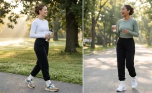 Two women portraying the clean girl aesthetic in black sweatpants paired with tight seamless ribbed long-sleeve tops, white crew socks over the cuffs, and retro dad sneakers.