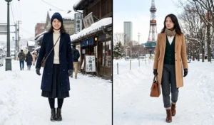 Sleek and elegant winter fashion in snowy Hokkaido, demonstrating how to use invisible thermal innerwear to stay warm in tailored skirts and trousers without wearing bulky layers.