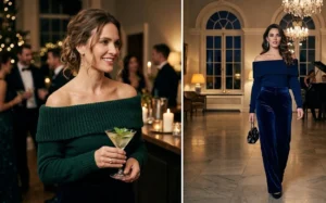 Glamorous winter party outfits featuring off-the-shoulder knit sweaters styled with rich jewel-toned velvet trousers.