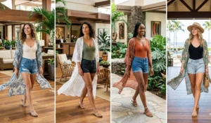 "Four women walking through a resort lobby wearing ribbed bodysuits, denim shorts, and flowing open-front kimonos."
