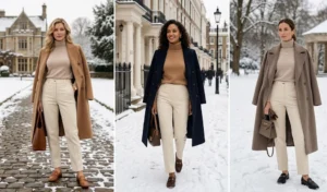 Three-panel collage of women wearing elegant old money winter aesthetics featuring perfectly tailored cream corduroy pants, soft cashmere turtlenecks, and draped oversized wool coats.