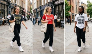 Three women walking on a sunny city street, showcasing casual everyday outfits featuring black cuffed sweatpants, vintage graphic t-shirts, and chunky white dad sneakers.